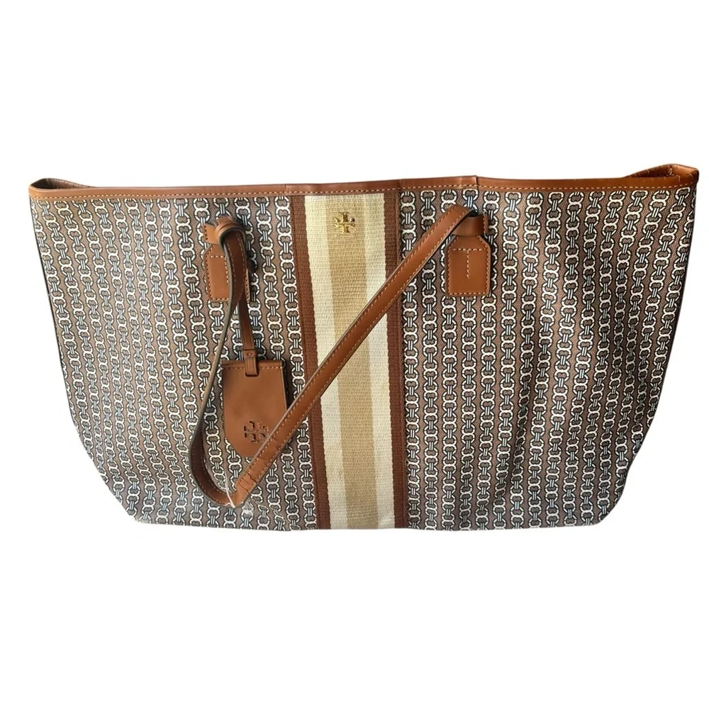Tory Burch Light Umber Gemini Link Canvas Small Tote